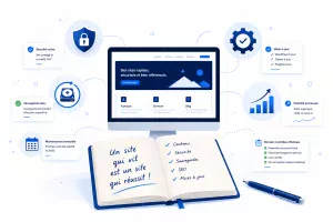 écran d'ordinateur avec site web en maintenance. Icônes autour de l'écran représentant les tâches de gestion et maintenance web. Carnet et stylo devant l'écran, page de gauche est inscrit : Un site qui vit est un site qui réussit! Page de droite une todo list indiquant : contenu, sécurité, sauvegardes, SEO et mises à jour